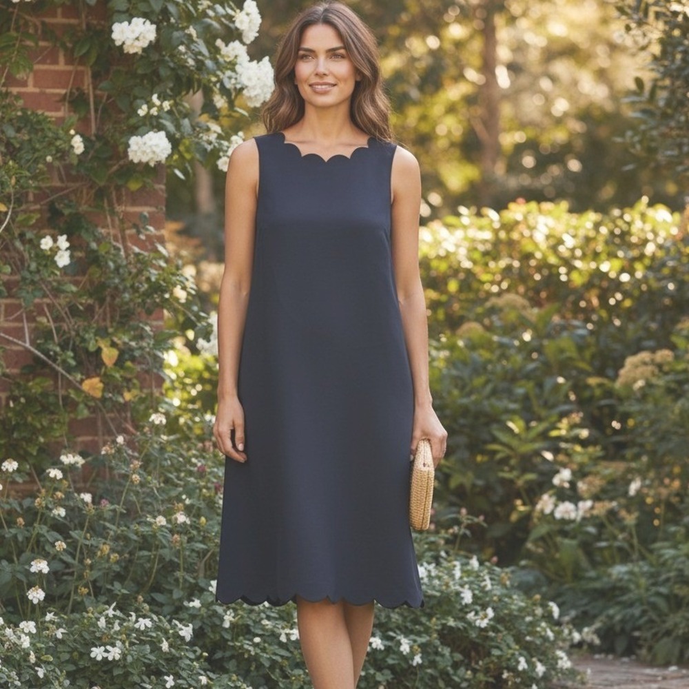 J.Crew Scalloped Shift Dress Women Size 14 Navy Blue Old Money Professional Luxe